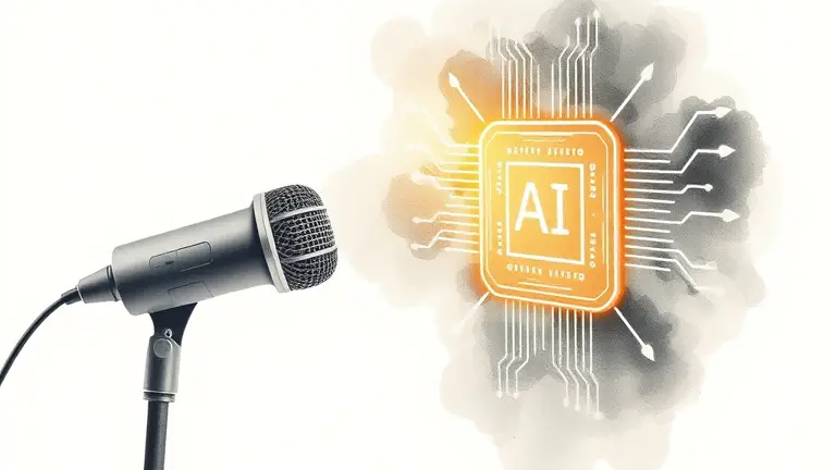 voice waves flowing from a microphone into a glowing AI chip