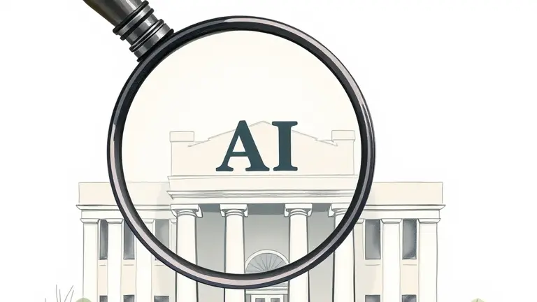government documents and magnifying glass over an AI company building