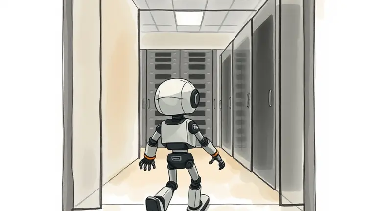 a small robot agent wandering past a security gate into a server room