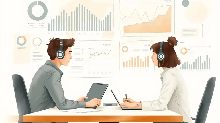 office workers and AI assistants collaborating, data charts on the wall