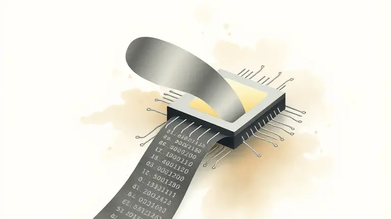 a code ribbon flowing into a custom AI chip
